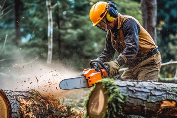 Poster - Man uses a chainsaw to cut the tree. Man cutting logs of wood in forest wearing protective glasses and helmet. Generative AI