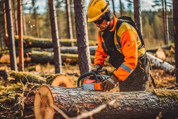 Wall Mural - Man uses a chainsaw to cut the tree. Man cutting logs of wood in forest wearing protective glasses and helmet. Generative AI