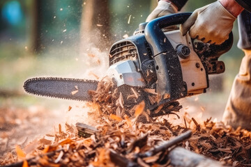 Wall Mural - Close up of man using a chainsaw to cut the tree. Man cutting logs of wood in forest wearing protective glasses and helmet. Generative AI