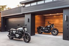 Modern Garage Doors With Carport Motorcycle Parked In The Driveway. Motorcycle In Front Of House. Generative AI