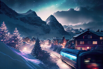 Snow covered mountain village at winter night with starry sky (Generative AI)