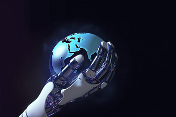 Artificial intelligence android hand holding planet earth.  Generative AI illustration