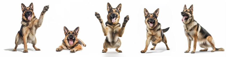 Wall Mural - Animals pets dogs banner panorama long - Collection of funny cute crazy laughing lying, jumping, standing, sitting german shepherd dog, isolated on white background, Generative AI