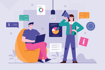 Poster - Marketing purple background concept with people scene in the flat cartoon style. A marketer makes announcements on social networks about advertising various products. Vector illustration.