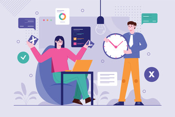 Aufkleber - Daily planner purple background concept with people scene in the flat cartoon style. Two workers divide their duties for the day. Vector illustration.