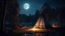 Teepee Indian Tent Standing In Beautiful Night Landscape. Generative Ai.