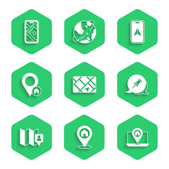 Poster - set gps device with map, location house, city navigation, push pin, folded location marker, and icon