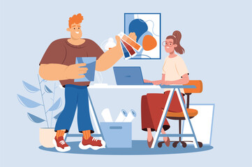 Aufkleber - Design studio blue concept with people scene in the flat cartoon style. Designers work in the studio and choose colors for new projects. Vector illustration.