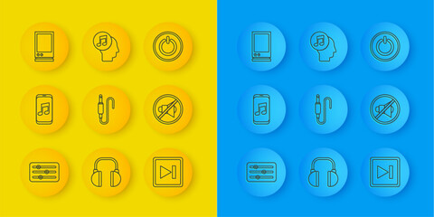 Poster - Set line Sound mixer controller, Music player, Audio jack, Fast forward, Speaker mute, Voice assistant, Power button and Musical note in human head icon. Vector