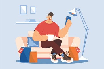 Aufkleber - Online shopping blue concept with people scene in the flat cartoon design. Guy drinks tea on the sofa and chooses products in the online store. Vector illustration.