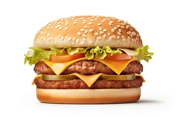 Wall Mural - Grilled Hamburger on White Background. Isolated Beef Burger Meal Fast Food. Generative AI illustrations.