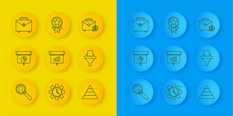 Poster - Set line Magnifying glass for search a people, Graph, chart, diagram, infographic, Pyramid infographics, Sales funnel with arrows, Briefcase, and money and Medal star icon. Vector
