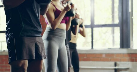 Poster - Fitness, squat and class with people in gym for workout, health and teamwork. Wellness, training and exercise with group of friends with kettle bell for strong, commitment and bodybuilder