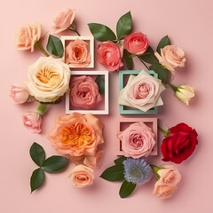 Wall Mural - Rose Flowers Composition On Pink Background Illustration