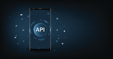 Leinwandbilder - Smartphone with API abbreviation.Application Programming Interface (API) concept. Information technology, modern technology, internet, and networking concept on dark blue background.