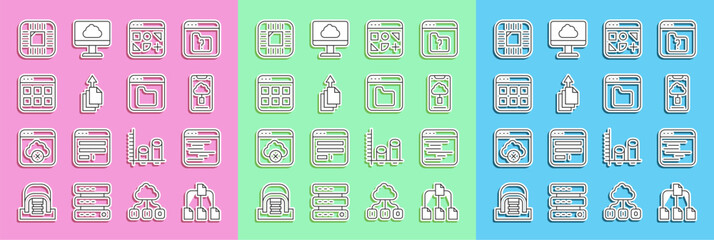 Aufkleber - Set line Folder tree, Software, Cloud technology data transfer, Different files, Data export, Browser, Processor with CPU and icon. Vector
