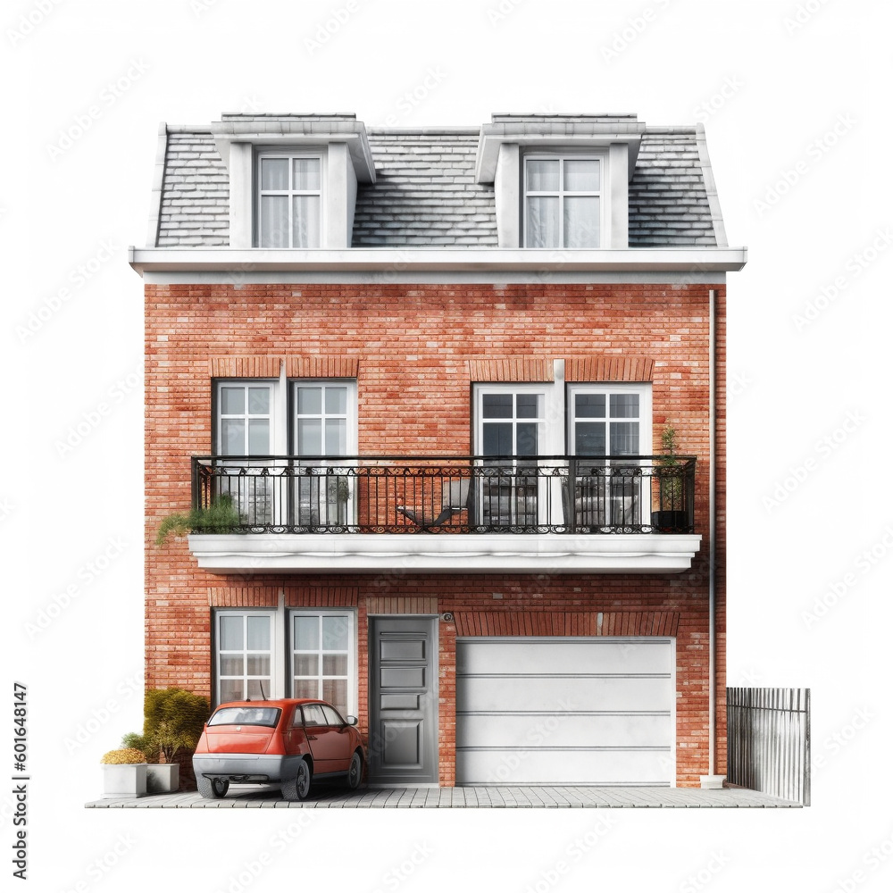 The facade of brick house with a balcony and garage. Two-story building ...