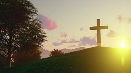 Wall Mural - Christian cross in the glow of the sun, mountain landscape above the clouds. Professional Cinematic 4K 3d Animation.