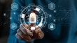 © JOURNEY STUDIO7 - Hand touching on screen security scanning protect, technology digital program futuristic, finger scanning, privacy, password, cyber security, cloud online technology to protect IT lock icon.security