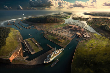 Wall Mural - Stunning aerial image of the Miraflores Locks and the Panama Canal, generative AI