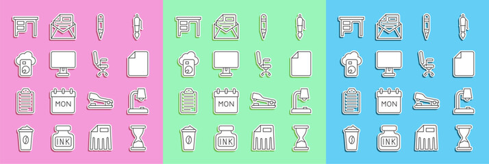 Poster - Set line Old hourglass, Table lamp, File document, Pencil, Computer monitor, Cloud database, Office desk and chair icon. Vector
