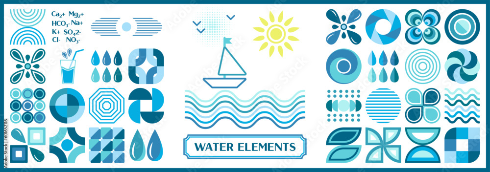 Set of water design elements in simple geometric style wuth icons. Good ...