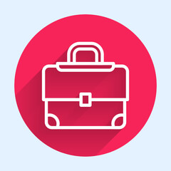 Poster - White line Briefcase icon isolated with long shadow. Business case sign. Business portfolio. Red circle button. Vector