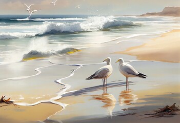 Wall Mural - Serene Beach Scene with Graceful Seagulls and Sparkling Water on Sandy Shore, generative AI