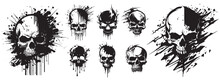 Human Skulls Black And White Vector. Silhouette Svg Shapes Of Skulls Illustration.