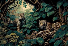 Elusive Jaguars And Otherworldly Flora: A Sleek And Dangerous Jungle Scene, Generative AI