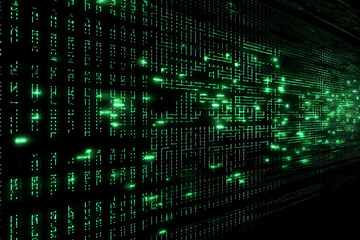 A screen filled with green code on black backdrop, representing technology, cyber security, and hacking. This digital illustration of the world of programming and internet communication. Generative AI