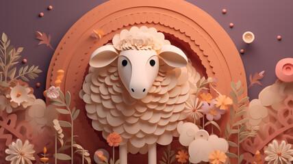 Wall Mural - paper sheep with colorful flower and leaves. eid adha concept. generative ai.