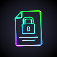 Aufkleber - Glowing neon line Document and lock icon isolated on black background. File format and padlock. Security, safety, protection concept. Vector