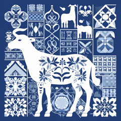 Wall Mural - goat eid al adha geometric white and indigo color with  patchwork patterns. generative ai.