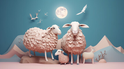 the family of sheep above is illuminated by the moonlight against a turquoise background. eid adha concept. generativa ai