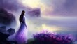 woman standing in a mountain landscape purple flowers dancing gracefully, Abstract, Elegant and Modern AI-generated illustration