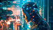 © graja - Artificial intelligence Cyborg head with artificial neural networks brain. AI generated.