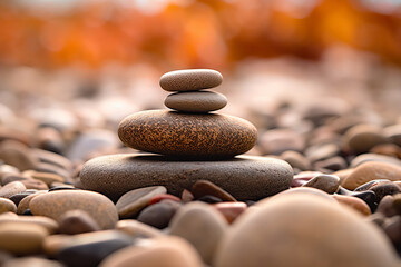 Spa still life, closeup photo, pile of pebbles, balance, focused. brown style. made with ai
