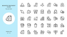Water Quality Signs And Water Treatment Vector Icons Set. From Water Drop To Analysis, H2O Hygiene, PH Balance And Laboratory Bacterial Research. Editable Outline Collection.
