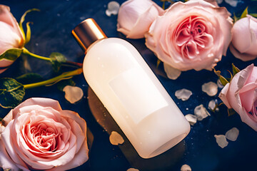 Spa relax composition with white cosmetic bottle with lotion, shampoo or body cream and roses on dark blue water surface. Skin care treatment. Mock up of beauty product based on roses. Generative ai