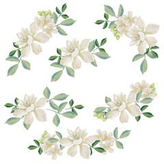 Wall Mural - watercolor white thai flower gardenia and orange jasmine bouquet wreath frame collection