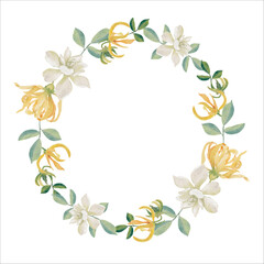 Sticker - watercolor white gardenia and Thai style flower bouquet gold glitter wreath frame