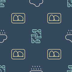 Wall Mural - Set line Cloud with rain, Chicken egg and Waterproof rubber boot on seamless pattern. Vector