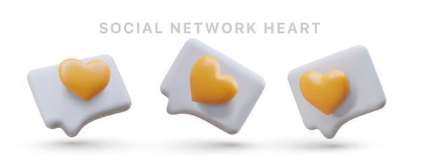Positive reviews, comments. Likes from subscribers. 3D set of icons for social networks. Yellow hearts in speech bubbles. Sympathy in symbols. Three dimensional illustration in cartoon style