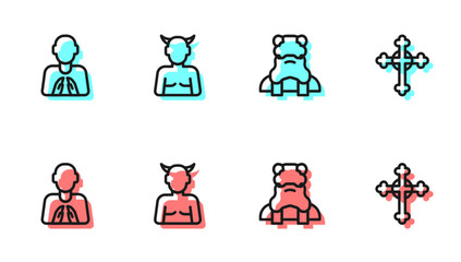 Set line Priest, Hands in praying position, Krampus, heck and Christian cross icon. Vector