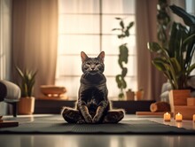 An Adorable High-contrast Image Of A Cat Sitting Comfortably On A Yoga Mat, Imitating A Yoga Pose, In A Modern And Stylish Living Space, With The Cat's Serene Expression Adding A Touch Of Elegance.
