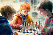 An engaging illustration of children playing a game of chess, showcasing their focus and strategic thinking skills, generative ai