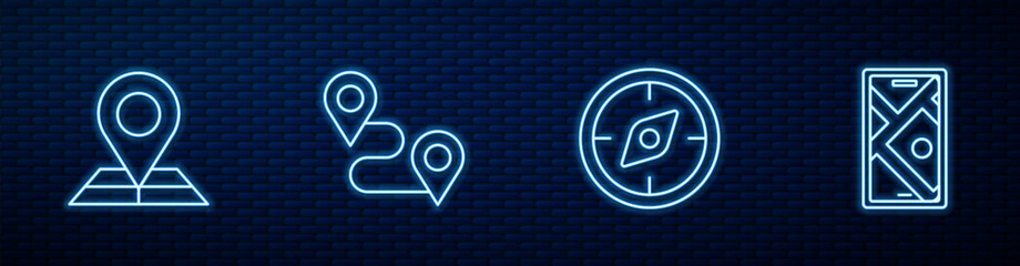 Poster - Set line Compass, Folded map with location marker, Route and City navigation. Glowing neon icon on brick wall. Vector