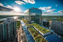 A Sustainable Cityscape With Solar Panels And Green Roofs Under A Clear Blue Sky, Showcasing Sustainable Urban Development. Generative Ai