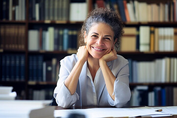 A smiling woman sitting behind a desk looking at documents. AI generativ.